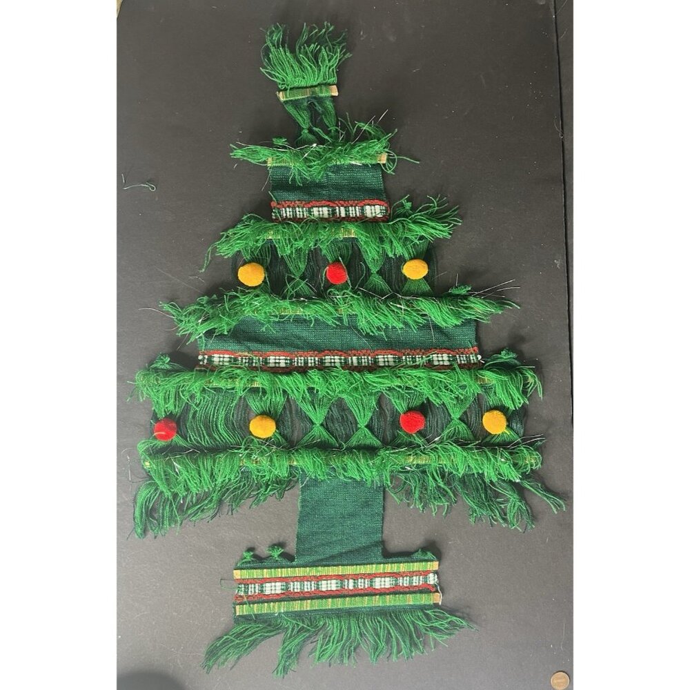 Vintage Christmas Tree Wall Hanging Tapestry Woven Fringe Red Pom Pom Decor Boho